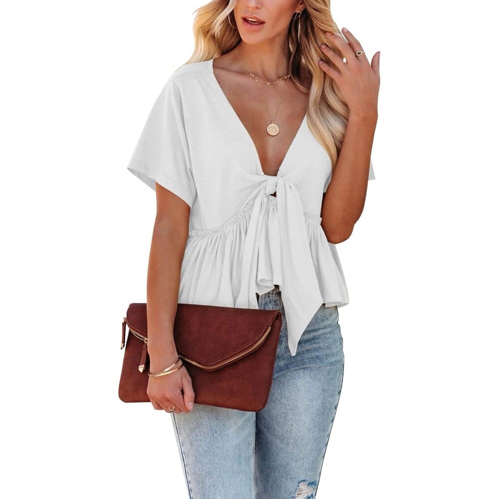 Orchidays Women's Short Sleeve Deep V Neck Blouses Babydoll Tie Front Medium